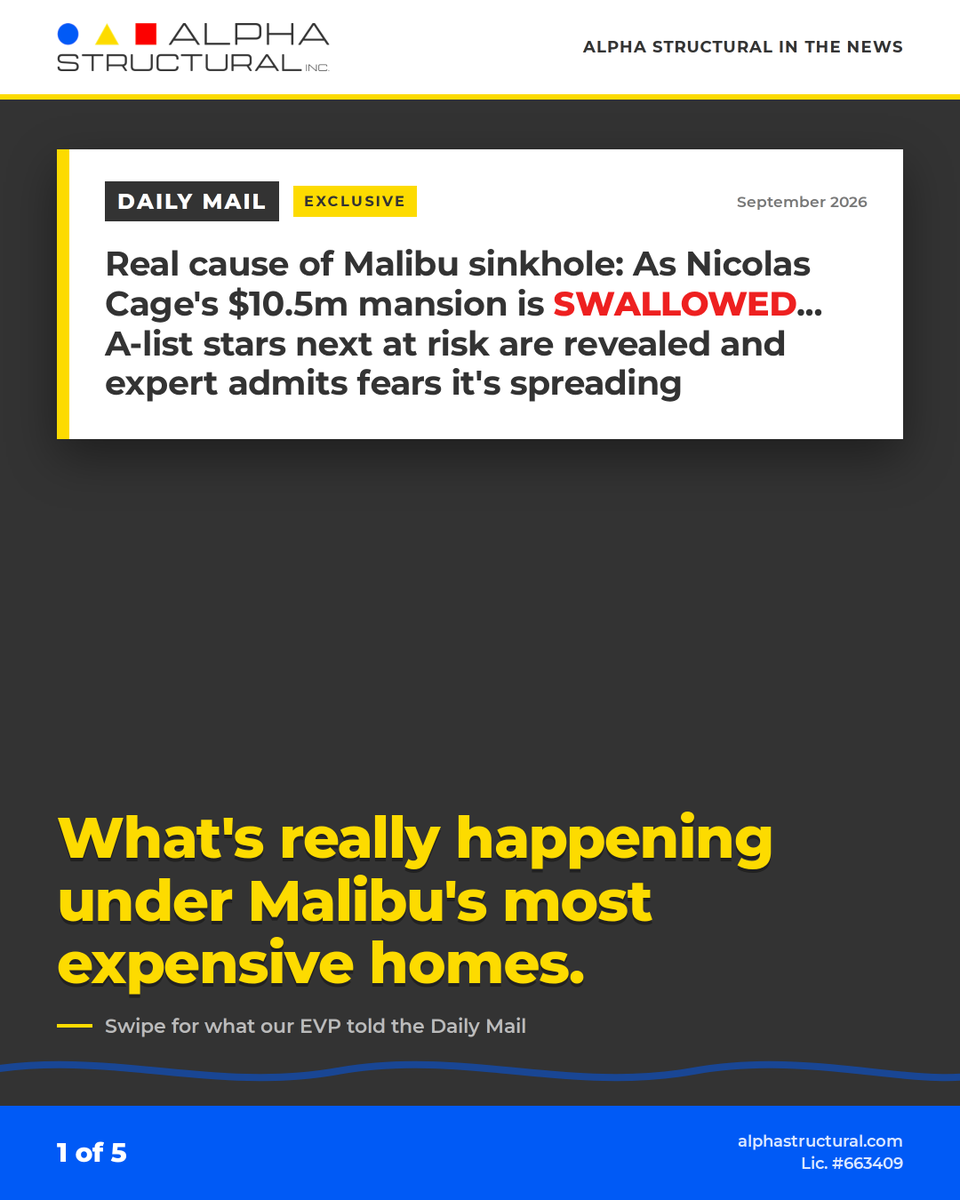 AlphaStructural's tweet photo. Malibu sinkhole concerns are putting coastal infrastructure in the spotlight.

Alpha Structural EVP Kyle Tourjé was featured in the Daily Mail discussing seawalls, drainage, erosion, and soil loss.

#MalibuSinkhole #AlphaStructural https://t.co/qrdEF0XGEb