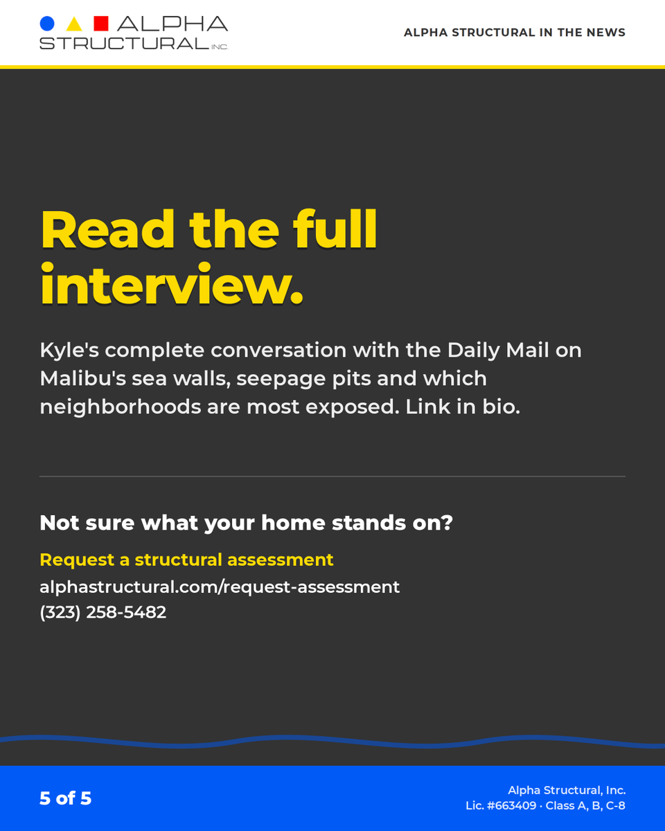 AlphaStructural's tweet photo. Malibu sinkhole concerns are putting coastal infrastructure in the spotlight.

Alpha Structural EVP Kyle Tourjé was featured in the Daily Mail discussing seawalls, drainage, erosion, and soil loss.

#MalibuSinkhole #AlphaStructural https://t.co/qrdEF0XGEb