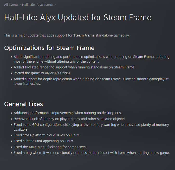 LambdaGen's tweet photo. To celebrate Steam Frame release, Half-Life: Alyx received an update!

- Support when running standalone on Frame
- Major performance improvements on desktop PCs
- Linux related bug fixes
- Other miscs

HLA is also 75% off right now. https://t.co/LHjUJ1nD6D