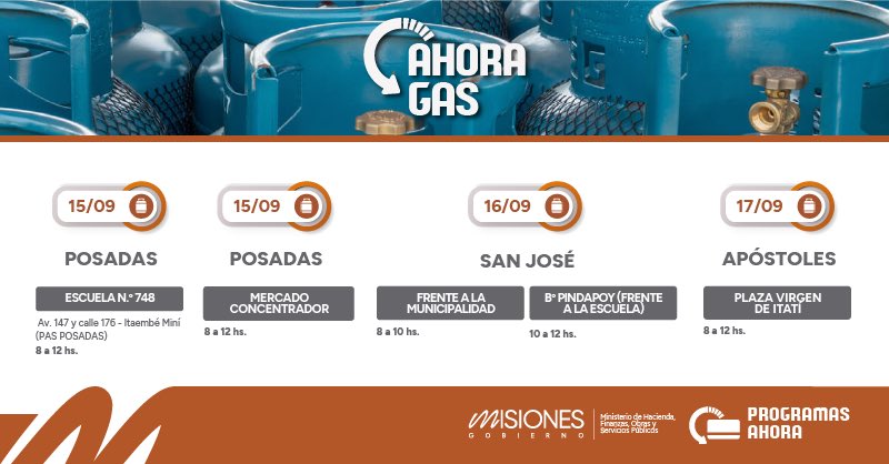 misionhacienda's tweet photo. Compartimos el cronograma semanal del programa provincial #AhoraGas. La recarga de garrafas de 10 kg vale $20.000.
👨🏼💻 Consultá más detalles en nuestra web https://t.co/VLGYP0jIgv.
#ProgramasAhora https://t.co/HhDaMQMLj7