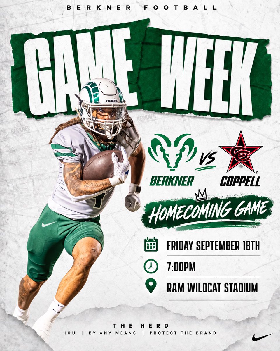 BERKNERFOOTBALL's tweet photo. It’s HOMECOMING WEEK at Berkner! 

The HERD is back at Ram-Wildcat Stadium this Friday night as we take on Coppell!

Pack the stands. Bring the energy. Protect home. 

#ProtectTheBrand | #HERD | #IOU | #BAM https://t.co/Rs2gyemL6p