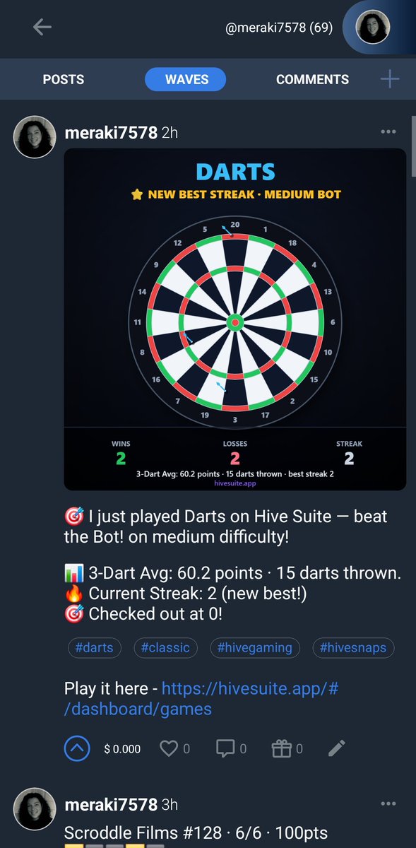 Meraki7578's tweet photo. 🎯 Took 2 games, but I finally grabbed a win practicing darts to keep up with the kids!
Playing on @HiveSuite: https://t.co/c55kWlJpXx
Love casual gaming powered by true ownership on the #Hive blockchain! 🎯✨
#Posh #Web3 #hivesuite #games https://t.co/dxYWWT9Fv0