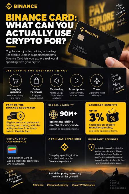 Mahamali2019's tweet photo. Imagine ordering something online..
paying for a subscription
shopping, or travelling
and having an eligible crypto balance connected to your spending.,earn and shop 🛍️ 
Then I saw the cashback angle: up to 3% on eligible monthly spending. 
Cool man 😎 
#binance #binanceacademy https://t.co/QUldgpSVdF