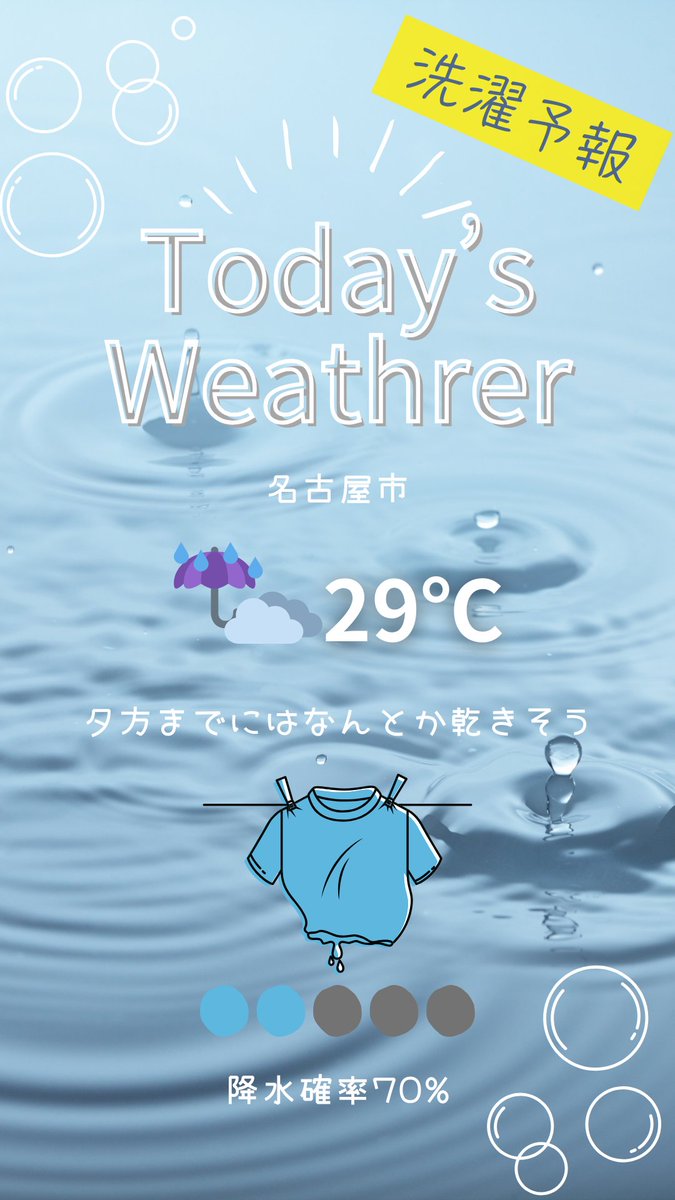 washbaselaundry's tweet photo. おはようございます☀️
コインランドリー▶ WASH BLUE ◀のアカウントです🌞
今日の洗濯予報 　  雨時々曇☔️☁️降水確率70%
👕夕方までにはなんとか乾きそう👕
#コインランドリー #名古屋市コインランドリー #洗濯物 #洗濯 https://t.co/PxFv6rebml