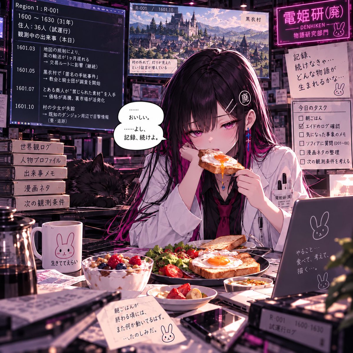 yurecadia's tweet photo. 朝ごはんを食べてる間に、
箱庭の住人36人が1年分生活していました。

……廻はまだパン食べてます。 https://t.co/wgyiIcGOAt