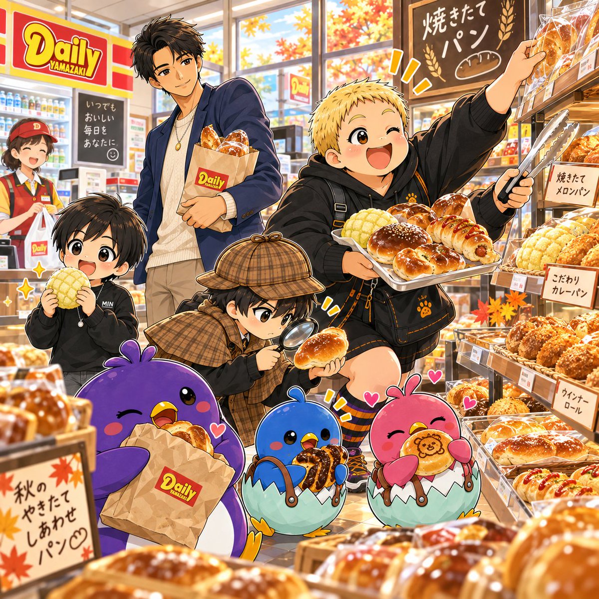 rosado555338's tweet photo. 朝からシリーズ☀️
今日はみんなでデイリーヤマザキへ〜❤️💛
店内に入った瞬間、焼きたてパンのいい香り…🥐✨
みんみんはトレー片手に「あれもこれも！」で爆買いモード🤣
ちびマヨ君は大きなメロンパンを見つけてにっこり🍈
探偵さんは、まさかのパンを虫眼鏡で調査中🔎😂
仁君はパン袋を持ちながら、みんなをやさしく見守り中✨

そしてみっちー＆こみっちーはというと…
パン袋に夢中だったり、しっかりお気に入りを確保してたり🐧💜🩷💙
今日も朝からわちゃわちゃ元気いっぱいです☀️
#朝からシリーズ #デイリーヤマザキ #焼きたてパン