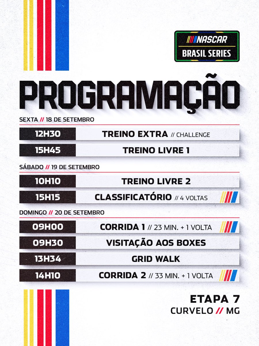 NASCARBrasil's tweet photo. Programação Oficial! 🚨

Confira a programação completa do fim de semana em Curvelo-MG e prepare-se para acompanhar cada momento.🤩

Garanta seu ingresso pelo link da bio!
#NASCARBrasil https://t.co/qh7rXJkwzc