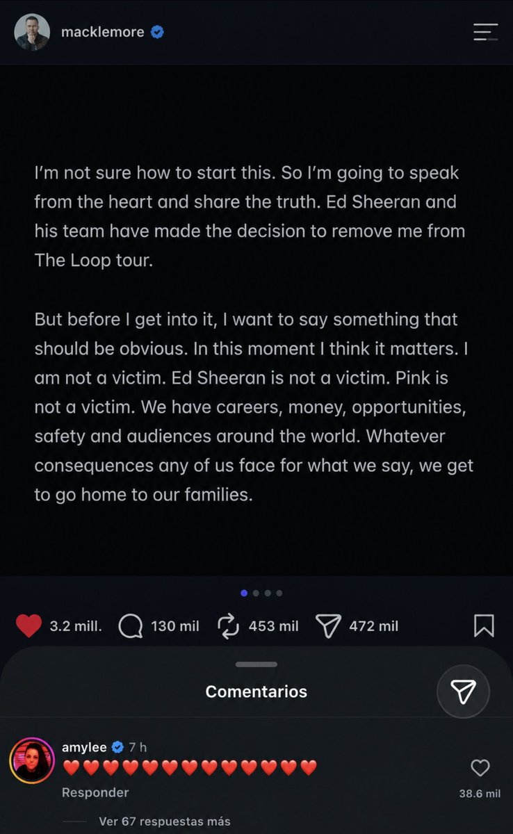 AmyLeeEVCrave's tweet photo. Evanescence’s Amy Lee has shown her support for Macklemore’s stance on Palestine, commenting on his latest instagram statement. ❤️

The rapper has been removed from Ed Sheeran’s stadiums tour over Free Palestine statements. 🇵🇸 https://t.co/iB35QDJE5q