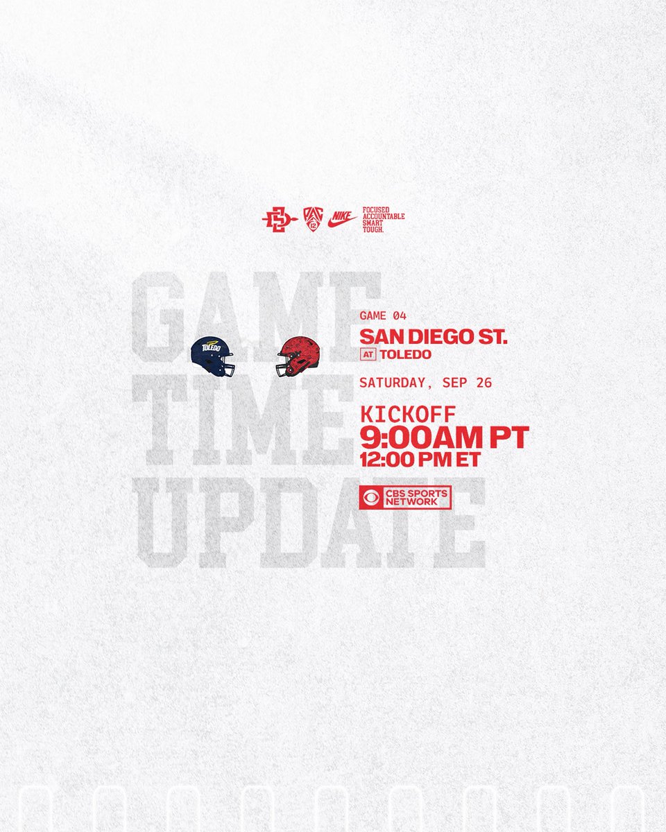 AztecFB's tweet photo. Schedule Update ‼️

Our week four matchup with Toledo is set to kickoff at 12:00 p.m. ET &amp; 9:00 a.m. PT! Get those alarm clocks set!

📰: https://t.co/DOW0BVltZc

#AztecFAST 🍢 x #BeTheA1pha 🐺 x #TheClimb 📈 https://t.co/bm03igjXNs