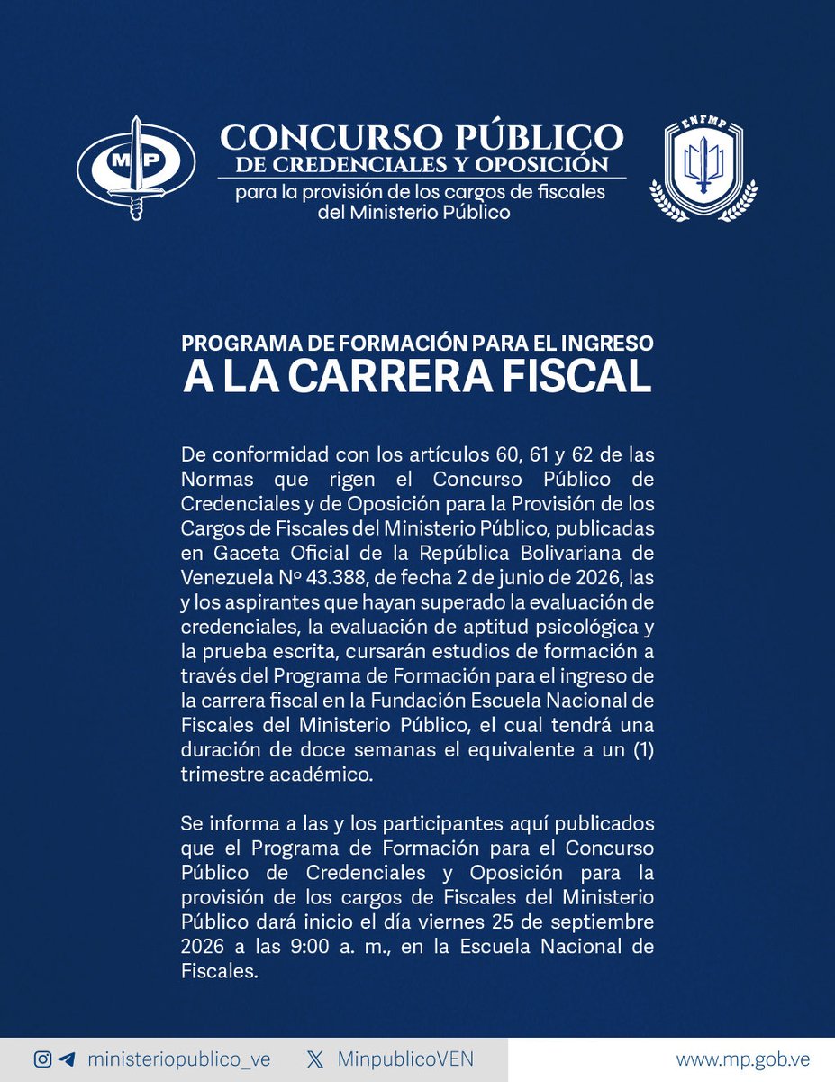 MinpublicoVEN's tweet photo. #EsNoticia 🗞️ | El Ministerio Público hace del conocimiento general el listado de aspirantes que aprobaron la prueba escrita de conocimientos, del Concurso Público de Credenciales y Oposición para la Provisión de Cargos de Fiscales del Ministerio Público.

#ConcursoPúblico https://t.co/zCiLHzkZfu