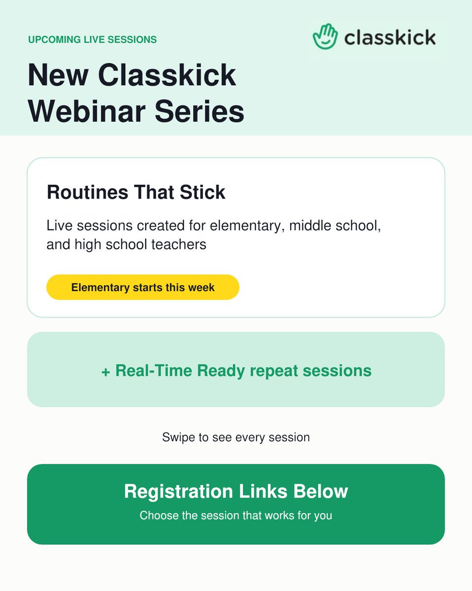 Classkick's tweet photo. 📣 Registration is open for our upcoming Classkick webinars!

Join our new Routines That Stick series for elementary, middle school, &amp; high school teachers, plus three live Real-Time Ready repeat sessions.

Registration links in the replies ⬇️

#Classkick #TeacherPD #teachersofx https://t.co/s9mv584yUc