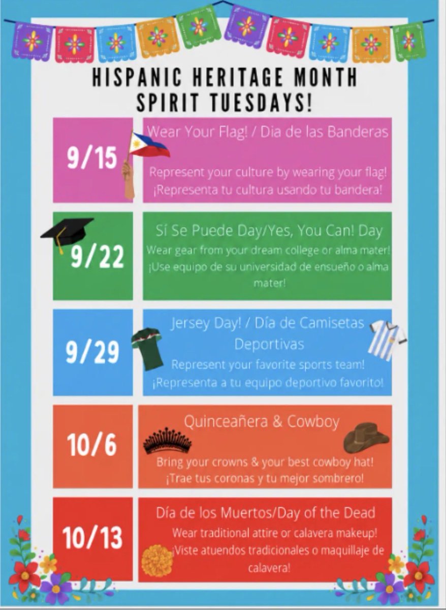 BelzerBears's tweet photo. Hispanic Heritage Month is officially here! From September 15 to October 15, we are coming together to honor and celebrate the rich histories, vibrant cultures, and incredible contributions of Hispanic and Latino communities. TUESDAYS are our Spirit Days! Let’s all celebrate! https://t.co/Krw2CMZZp5
