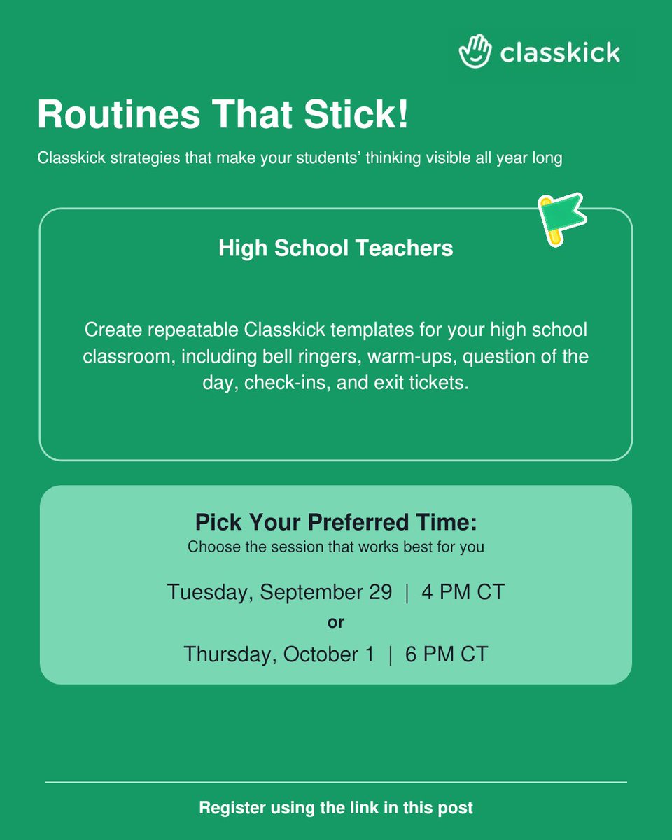 Classkick's tweet photo. 🎓 High School Teachers
Routines That Stick
Sept. 29 at 4 PM CT or Oct. 1 at 6 PM CT

Register:
https://t.co/03TysVMOIh https://t.co/rYpg8xMaza