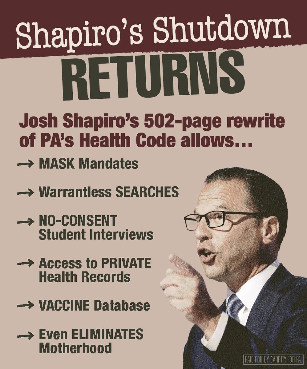 GarrityForPA's tweet photo. Josh Shapiro’s 502-page rewrite of Pennsylvania’s Health Code would give his government sweeping new authority over your private property, confidential medical information, and even your children. 

Buried within those hundreds of pages is Josh Shapiro’s crusade to eliminate “motherhood”.

Your property belongs to you. 

Your medical information is private. 

And parents decide what is best for their children. 

Our Commonwealth was founded on the principle that power rests with the people — not in the hands of a power-grabbing governor like Josh Shapiro, who has proven time and again that he cannot be trusted. 

Submit your comments to the link below before the public comment period ends on September 21. Let Josh Shapiro know you will not stand for his lockdown 2.0. 

🔗: https://t.co/nvkkdc1rp4

#JoshShapiro #GarrityRichey