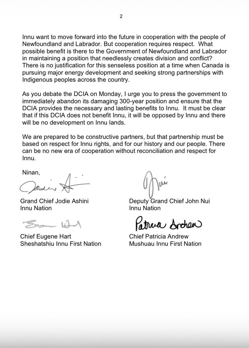 ntesinan's tweet photo. Innu Nation, Sheshatshiu Innu First Nation and Mushuau Innu First Nation wrote to all MHAs in the NL House of Assembly on Saturday ahead of the Debate.  Innu hold rights to the Churchill River Waterway and an IBA for Gull Island. @GovNL @TonyWakehamNL #Innu https://t.co/1GcJByOAZD