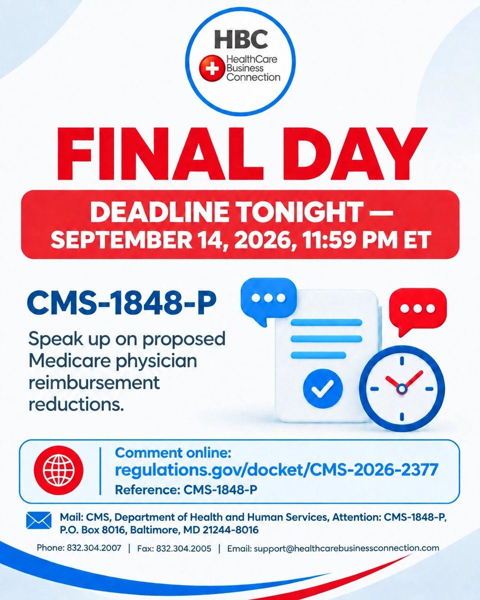 HBizConnection's tweet photo. FINAL DAY: Oppose proposed Medicare physician reimbursement reductions. Comment on CMS-1848-P by 11:59 PM ET today, Sept. 14, 2026: https://t.co/KmcXFIqCFX #Medicare #CMS1848P #StopTheCuts https://t.co/Fd5g93tSSr