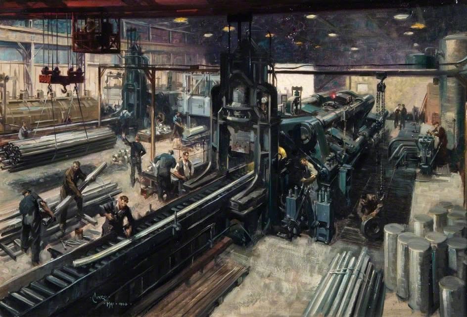 JDHaltigan's tweet photo. Terence Tenison Cuneo (British, 1907–1996) - Giant in the Background, 'Giant Extruder'. #industrialart https://t.co/xb9MGwqnE3