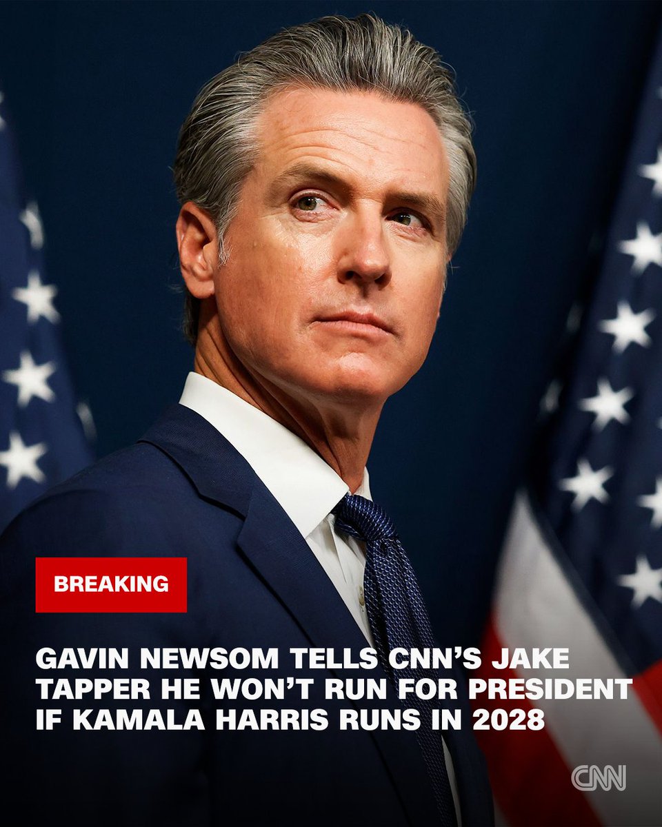 CNN's tweet photo. California Gov. Newsom tells CNN's Jake Tapper that he won't run for president in 2028 if Kamala Harris decides to run. https://t.co/E13j0o3dOd https://t.co/tyexXrLAwC