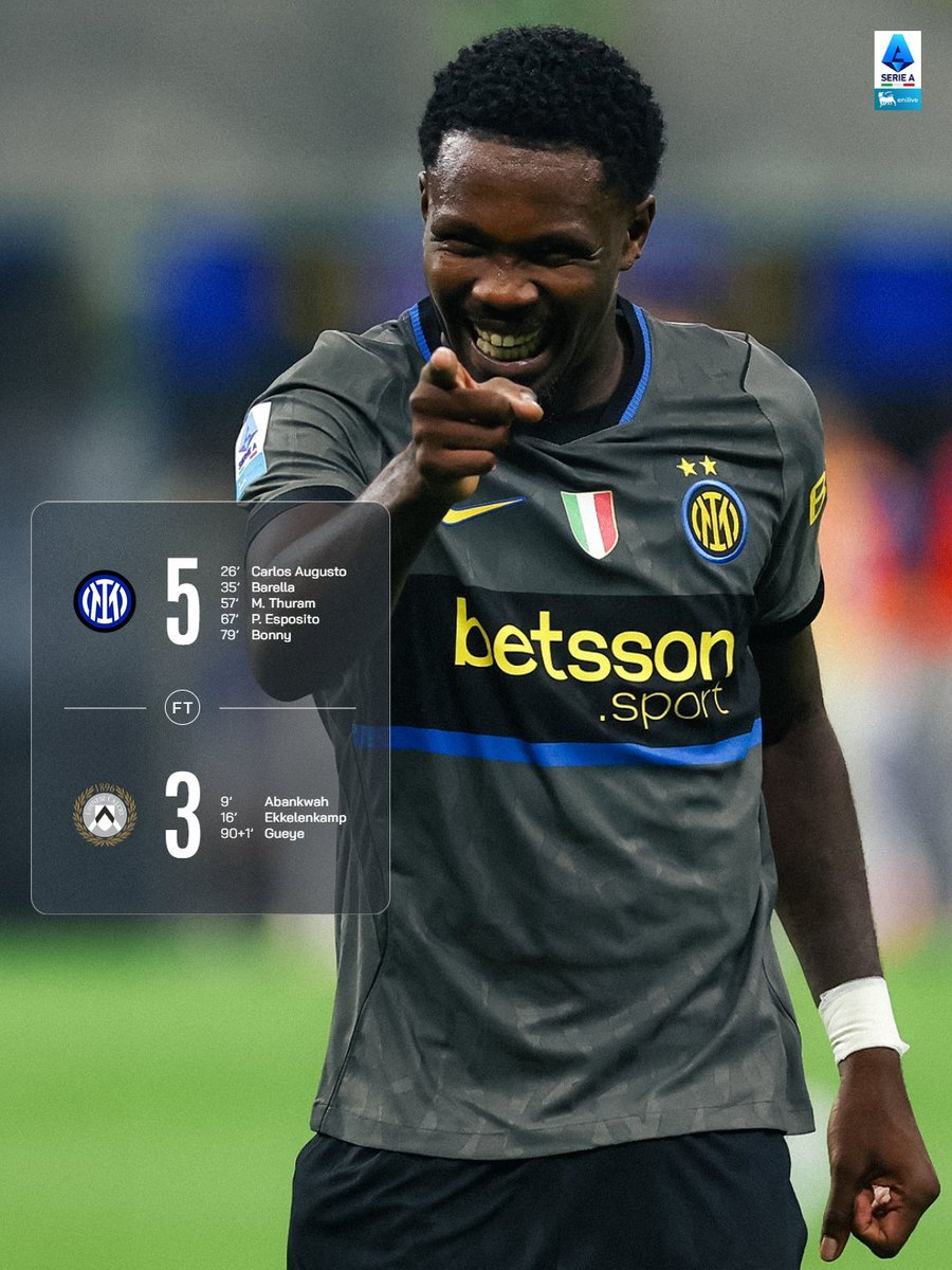 yana_udiyatna's tweet photo. 🔥 INTER GILA, COMEBACK 5-3!

Tertinggal 0-2, Inter Milan bangkit dan menghancurkan Udinese 5-3 di San Siro! Carlos Augusto, Barella, Thuram, Pio Esposito, dan Bonny jadi pencetak gol. 

Inter pun sempurna 4 laga, 4 kemenangan di Serie A! 🔥

#InterMilan #SerieA #InterUdinese https://t.co/xR29jw82oW
