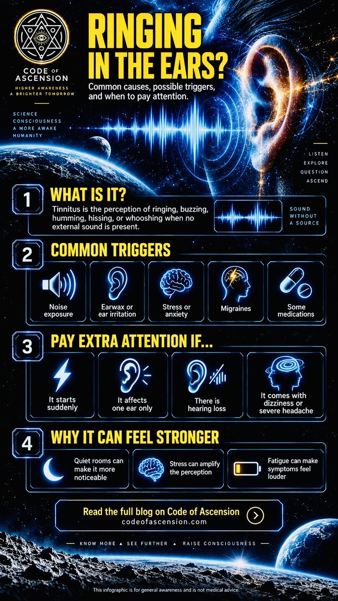 CodeofAscension's tweet photo. Ringing in the ears? 👂
Tinnitus may sound like ringing, buzzing, humming, hissing, or whooshing.
Common triggers include noise exposure, stress, ear irritation, migraines, and some medications.
More here:
https://t.co/yefAztyzkp
#Tinnitus #RingingInEars #CodeOfAscension https://t.co/XbEUdKjU9F