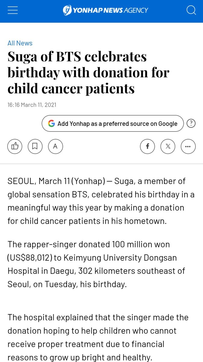 jinvocalista's tweet photo. Suga doou ₩100 milhões para crianças com câncer em 2021, destinados ao tratamento de crianças que não tinham condições financeiras de receber atendimento adequado. https://t.co/57qYkNC0iJ