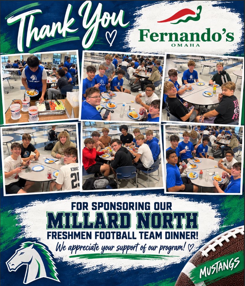 Jos_Erickson24's tweet photo. Our @MillardNorthFB Freshmen enjoyed a team meal tonight sponsored by @FernandosOmaha ! We appreciate your support and generosity! https://t.co/WEdMjfnSLk