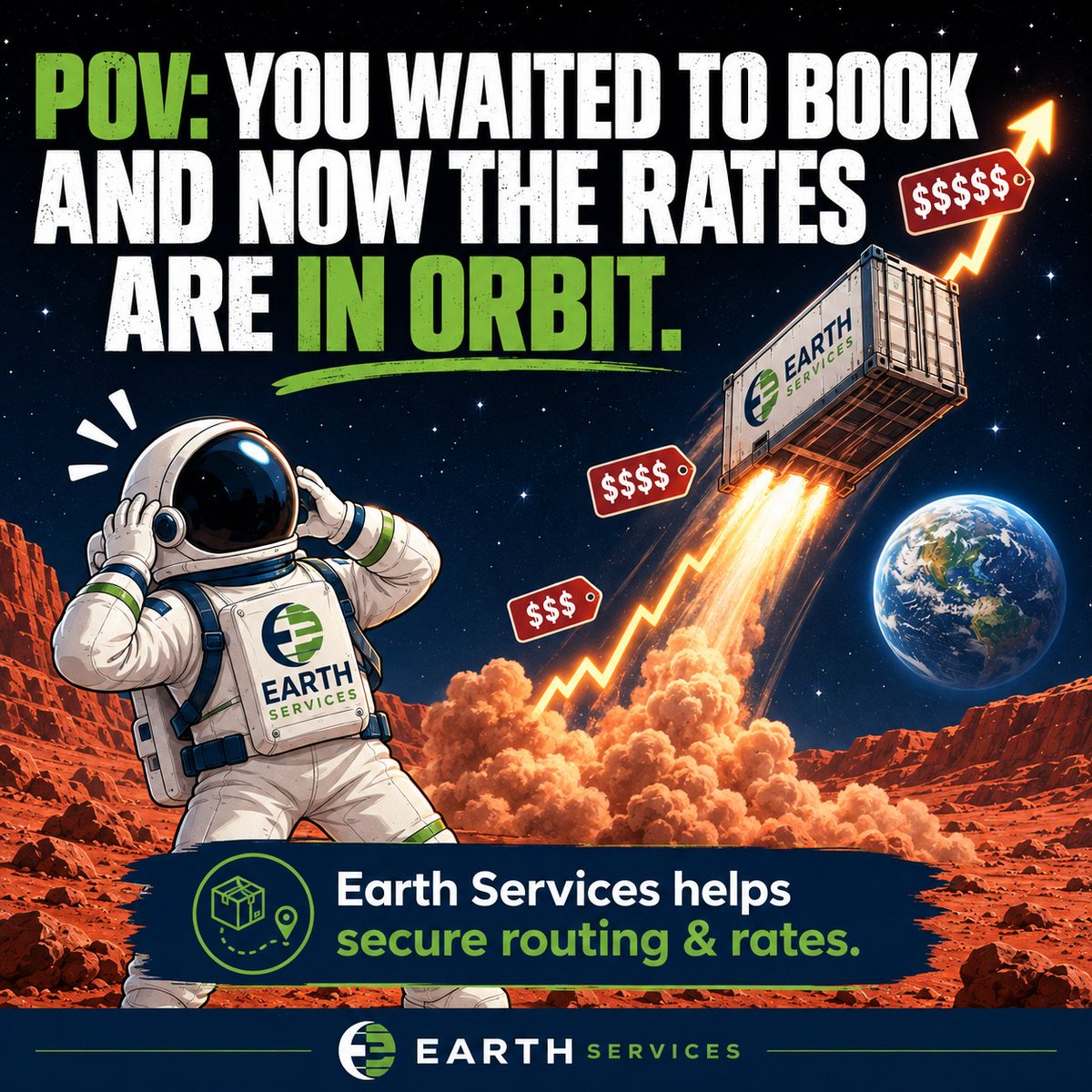 EarthCustoms's tweet photo. POV: You waited to book, and now the freight rates have officially left Earth. 🚀💸

Earth Services can help review and compare available rates, and secure space before your budget goes into orbit too.

Shipment coming up? Send us the origin, destination, cargo details. https://t.co/sPucI0dfa5