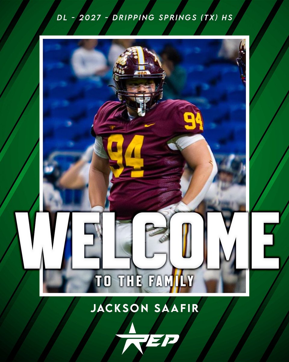REPFootballRec's tweet photo. Locked In and Ready to Go 🔒

Welcome to the REP Football Family, @JacksonSaafir!

Excited to have the 2027 DL from Dripping Springs (TX) HS on board and ready to get to work.  

#REPFootball #everyREPmatters #FootballRecruiting https://t.co/Brc5f02T3H