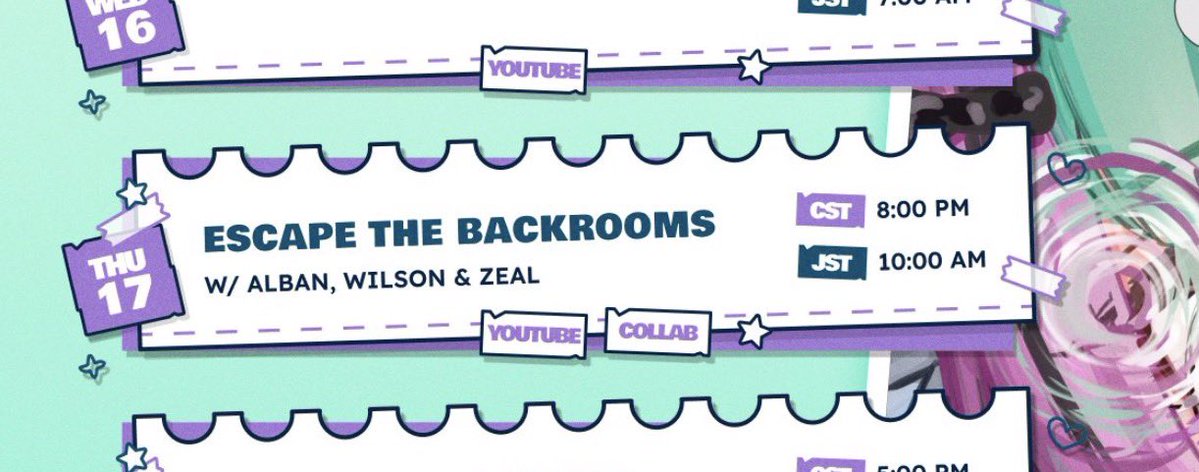 zlgarchive's tweet photo. 📍[UPCOMING]

Zeal 🍸 will be in a collab with 🐠, 🎭, and 🥽 to play 'Escape the Backrooms'!

Sept 18 (FRI) 10am JST / 1am GMT
Sept 17 (THU) 9pm EDT / 6pm PDT https://t.co/TQ5AIisoXl