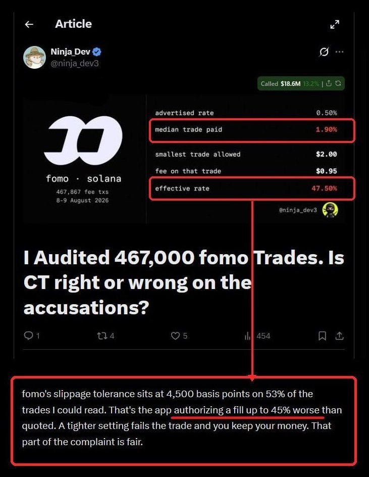 SkewTheGoat's tweet photo. FOMO app's default slippage is 45%, and you don't have an option to change it.

That means every transaction leaves you open to being frontran or arbitraged by up to 45% both above and below your buys / sells.

That's also on top of the 2% fees they charge. https://t.co/n5PrUmH4kY