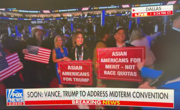 DavidLiu4CA49's tweet photo. WHY IS DAVID LIU SAYING ALL ASIAN AMERICANS ARE REPUBLICANS?
These custom signs were the only ones allowed. Fox News reported: Asian Americans for Trump.
Asian family values are Republican values.
Asian Americans: end birthright abuse.
Asian Americans for merit, not racial quota. https://t.co/Vl3UoIy6OJ