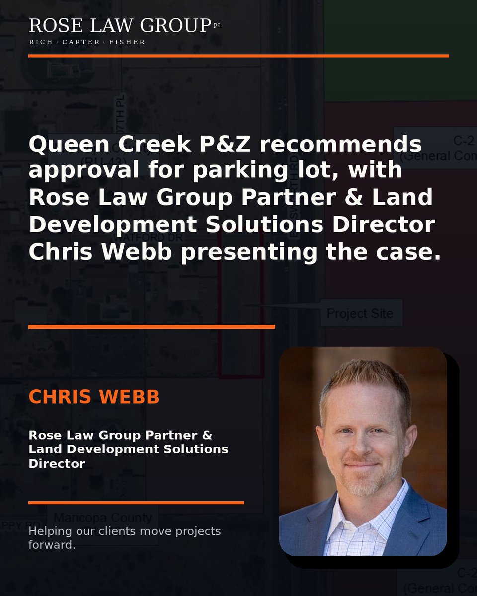 roselawgroup's tweet photo. #ClientNews! Queen Creek P&amp;Z recommended approval of Carder Development’s parking lot on S. Ellsworth Rd. Rose Law Group’s Chris Webb presented the case.

Read more from Queen Creek Independent: https://t.co/zKEDmz79e5

(Disclosure: Rose Law Group represents Carder Development.) https://t.co/qLR8zrdDdg