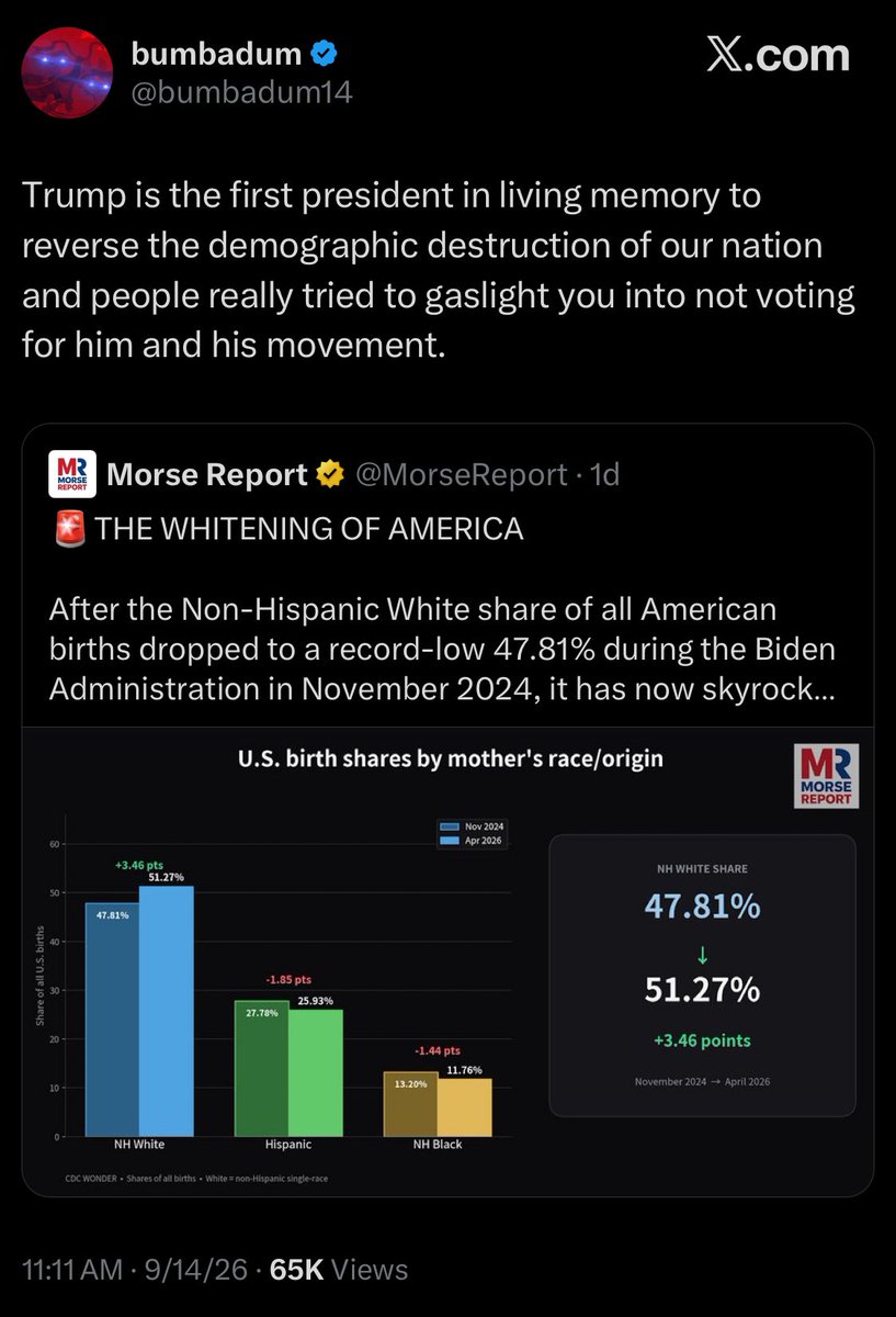 emeriticus's tweet photo. Virtually every aspect of life under right-wing rule is worse, but right-wingers tell themselves it’s all worth it because in their minds they’re winning an imaginary race war. And this is the mainstream view on the right, from anonymous posters to Claremont and Heritage, The Federalist and The Blaze. As long as these idiots can tell themselves and each other that the race war in their imaginations is being won, it’s all worth it. The Americans killed in the Iran war. The government being reduced to one family’s personal casino. The new AI powered surveillance state. The fact that their children, if they have any, will inherit an uglier, less prosperous and more unstable country. All of it can be justified and rationalized through this framing.