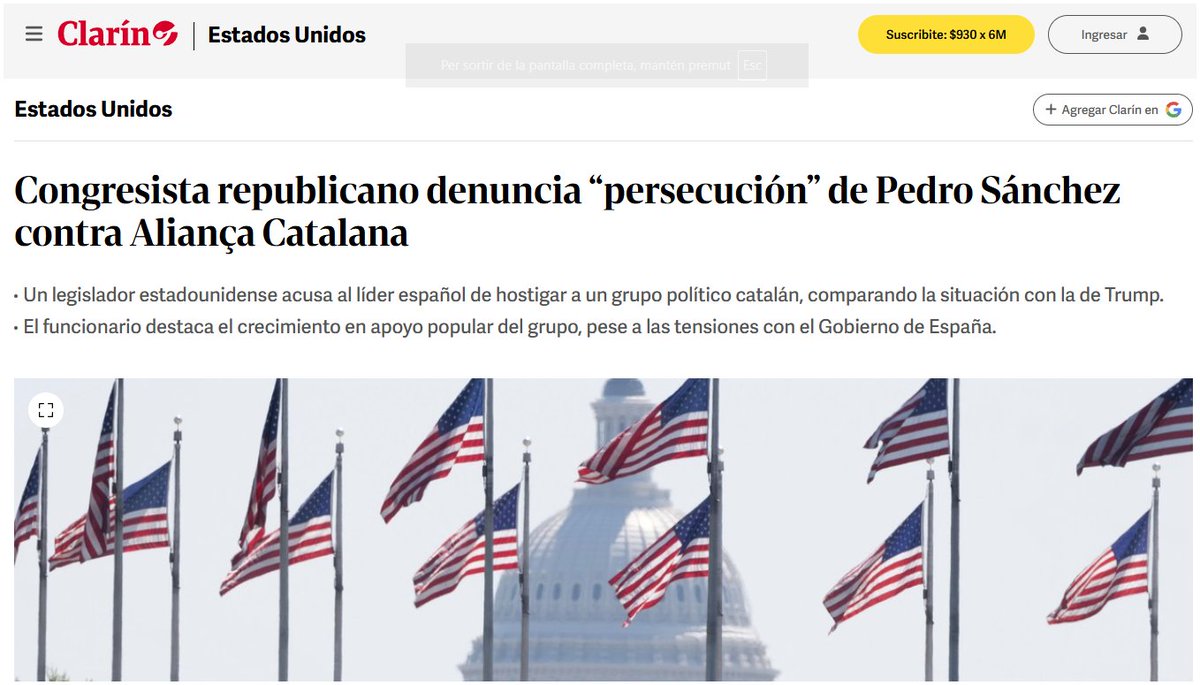 rnovoa's tweet photo. #ELCLARIN / ARGENTINA: 🇺🇸 Congresista republicano denuncia “persecución” de Pedro Sánchez contra Aliança Catalana.
Un legislador estadounidense acusa al líder español de hostigar a un grupo político catalán, comparando la situación con la de Trump.
El funcionario destaca el crecimiento en apoyo popular del grupo, pese a las tensiones con el Gobierno de España.
https://t.co/zd1mKZlJJh