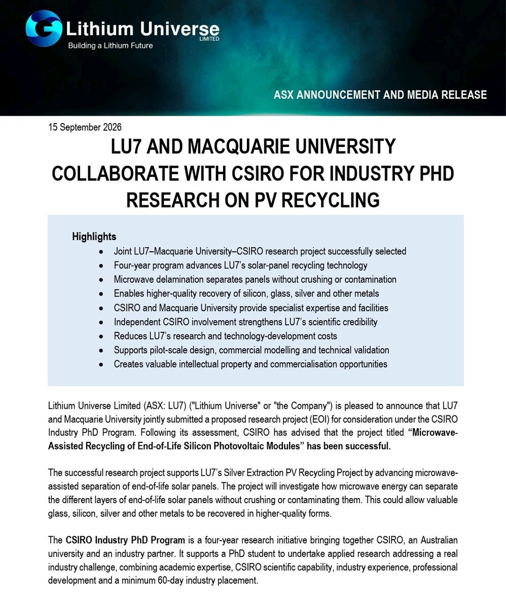 YellowStripeASX's tweet photo. #LU7 #ASX ($9M MC) NEWS💥
⏩️ #LU7 & @Macquarie_Uni COLLABORATE WITH @CSIRO FOR INDUSTRY PHD RESEARCH ON SOLAR PANEL RECYCLING TECH⏪️
#LU7 is the Cheapest #ASX #RecyclingTech Play
$MTM $256M MC
$ION $149M MC
$IXR $101M MC
#LU7 $9M MC
⏩️The successful research project supports #LU7’s #Silver Extraction PV Recycling Project by advancing microwave assisted separation of end-of-life solar panels⏪️
⏩️The project will investigate how microwave energy can separate the different layers of end-of-life solar panels without crushing or contaminating them⏪️
⏩️This could allow valuable glass, silicon, silver and other metals to be recovered in higher-quality forms⏪️