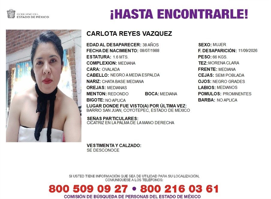 COBUPEM's tweet photo. Solicitamos de tu apoyo en difusión para dar pronta localización a Carlota Reyes Vázquez, cualquier información favor de comunicarse a los teléfonos al pie del boletin. #TodosEnLaBúsqueda https://t.co/z3GTTWmtAA