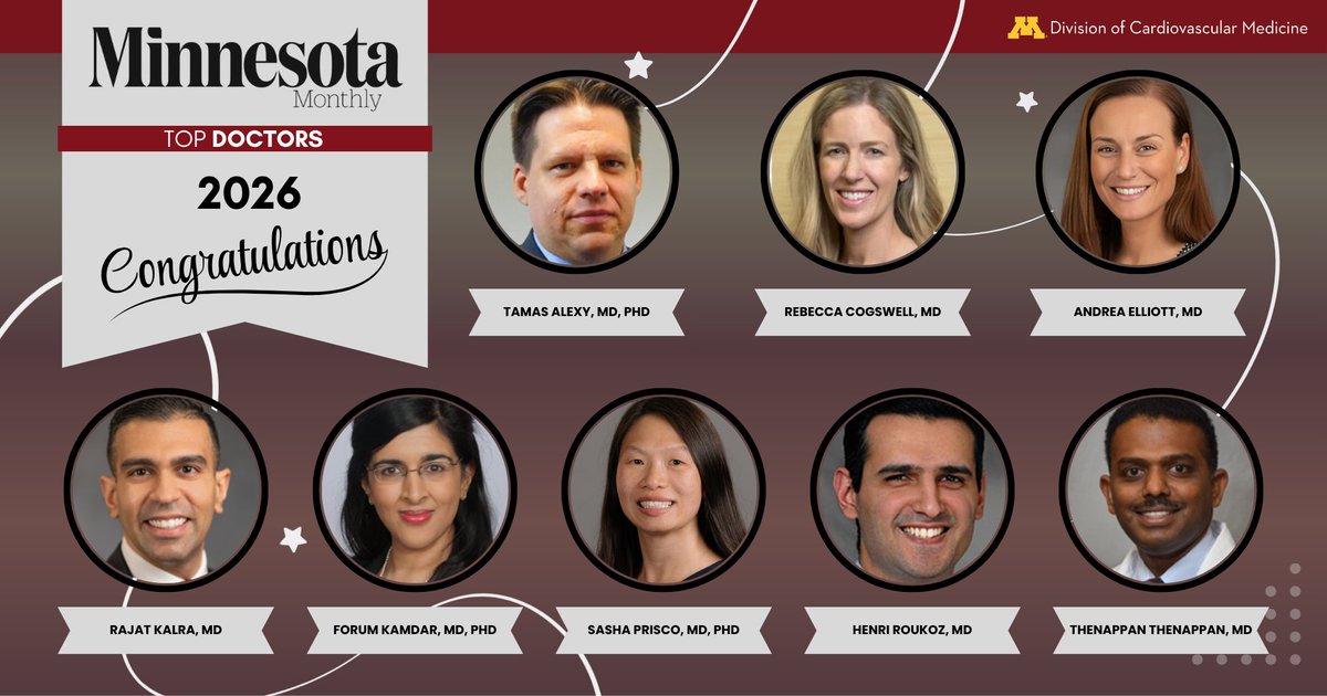 UMN_DCVM's tweet photo. We’re proud to celebrate 283 University of Minnesota Physicians named to Minnesota Monthly’s 2026 Top Doctors list! 🎉
Congrats to all honorees, especially our Cardiovascular Division physicians! 👏❤️
#TopDoctors #MinnesotaMonthly #Cardiology https://t.co/wvlAQaPN1Q
