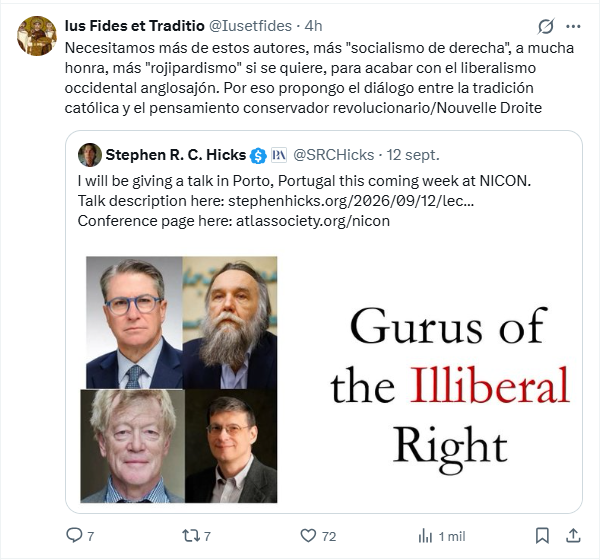 EZC86's tweet photo. Todo tradi/fariseo es potencial comunista. Su antiliberalismo (que es contrario a la posición real de la iglesia) los lleva siempre al socialismo y buscar alianzas con neonazis y tercerposicionistas como Dugin y la Nouvelle Droite. Irónicamente, estos últimos son anticristianos. https://t.co/QcxqfnGrWV