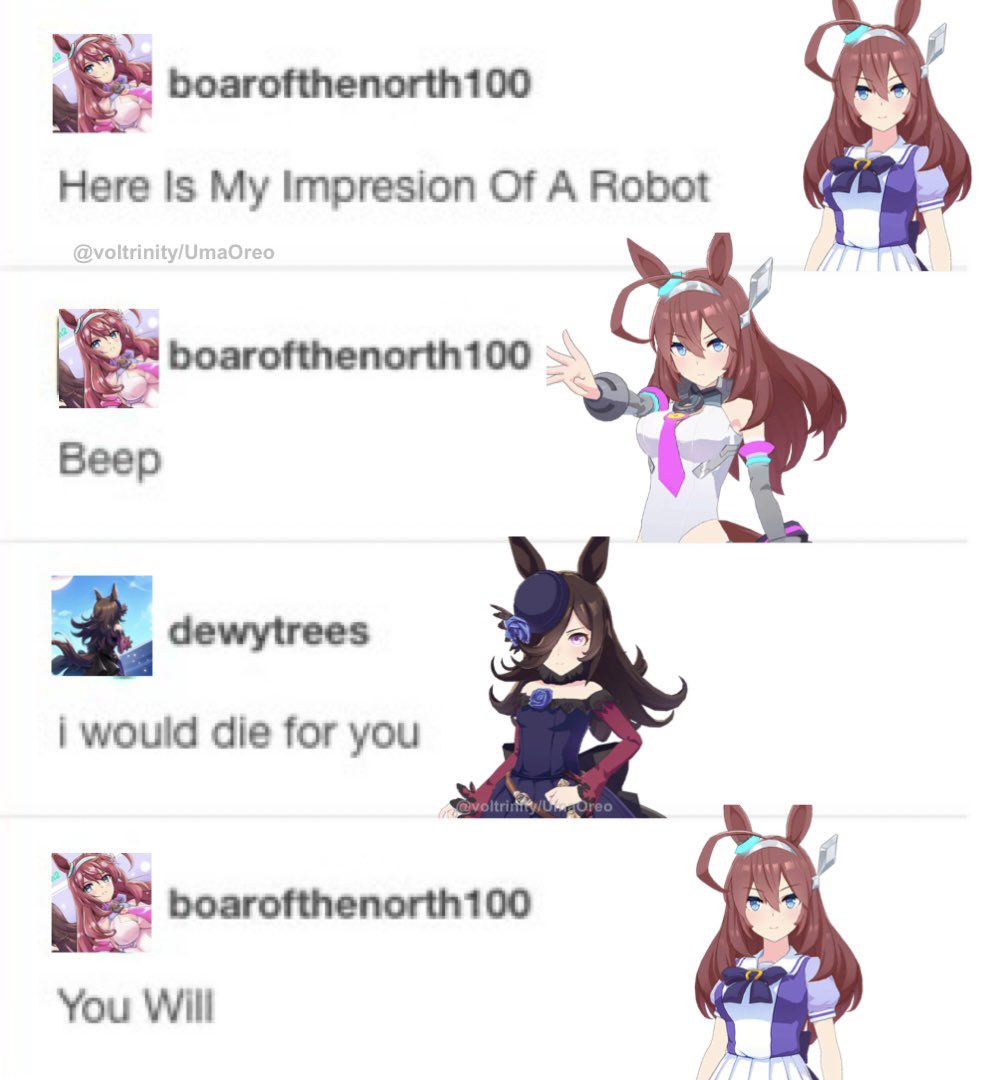 voltrinity's tweet photo. Why you so beep boop 
#umamusume #umamusumememe #riceshower #mihonobourbon https://t.co/L2iWsNVjxT