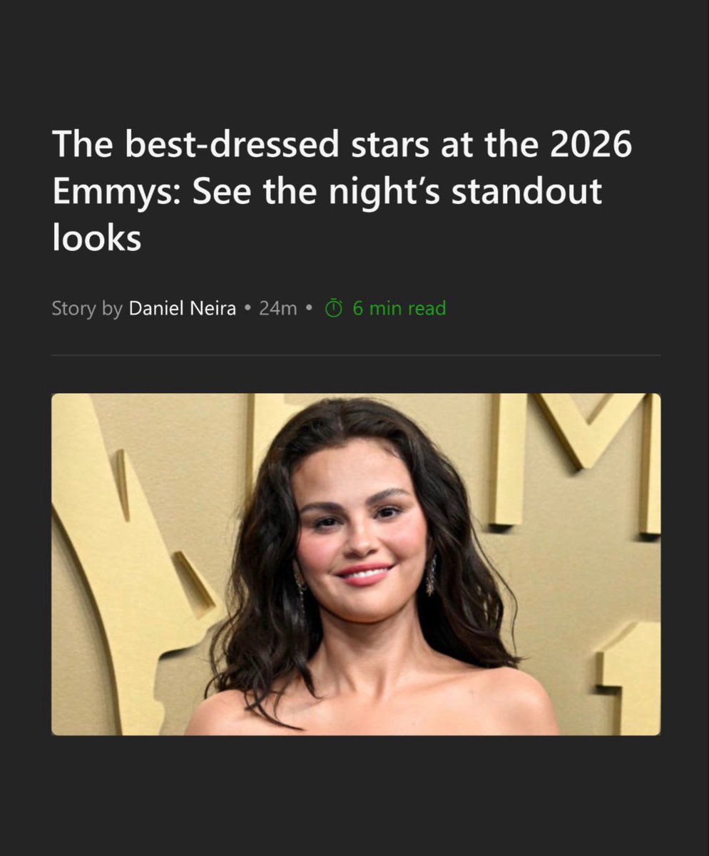 SGchartupdate's tweet photo. MSN has crowned Selena Gomez the BEST dressed at the 2026 #EMMYS 👑 https://t.co/2MoD1eWlWq