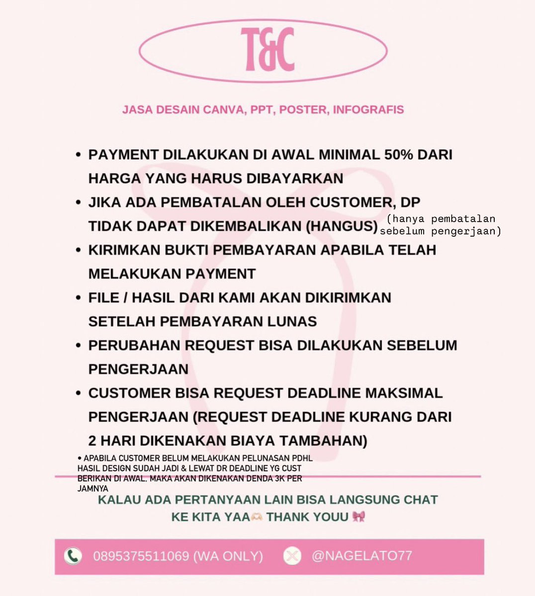 nagelato77's tweet photo. 🎀 open jasa / joki / desain / edit murce &amp; gercep 🎀
- ppt (sempro, tugas sekolah / kuliah, usaha, makalah, dll)
- poster
-  mindmap
- logo
- infografis
- feed ig
- dll!
‼️bisa buat yg in rush‼️
yang butuh bisa langsung wa yaa (https://t.co/uaOyGfgClg)🫶🏻
#zonauang #jokitugas https://t.co/7tByju3bLM