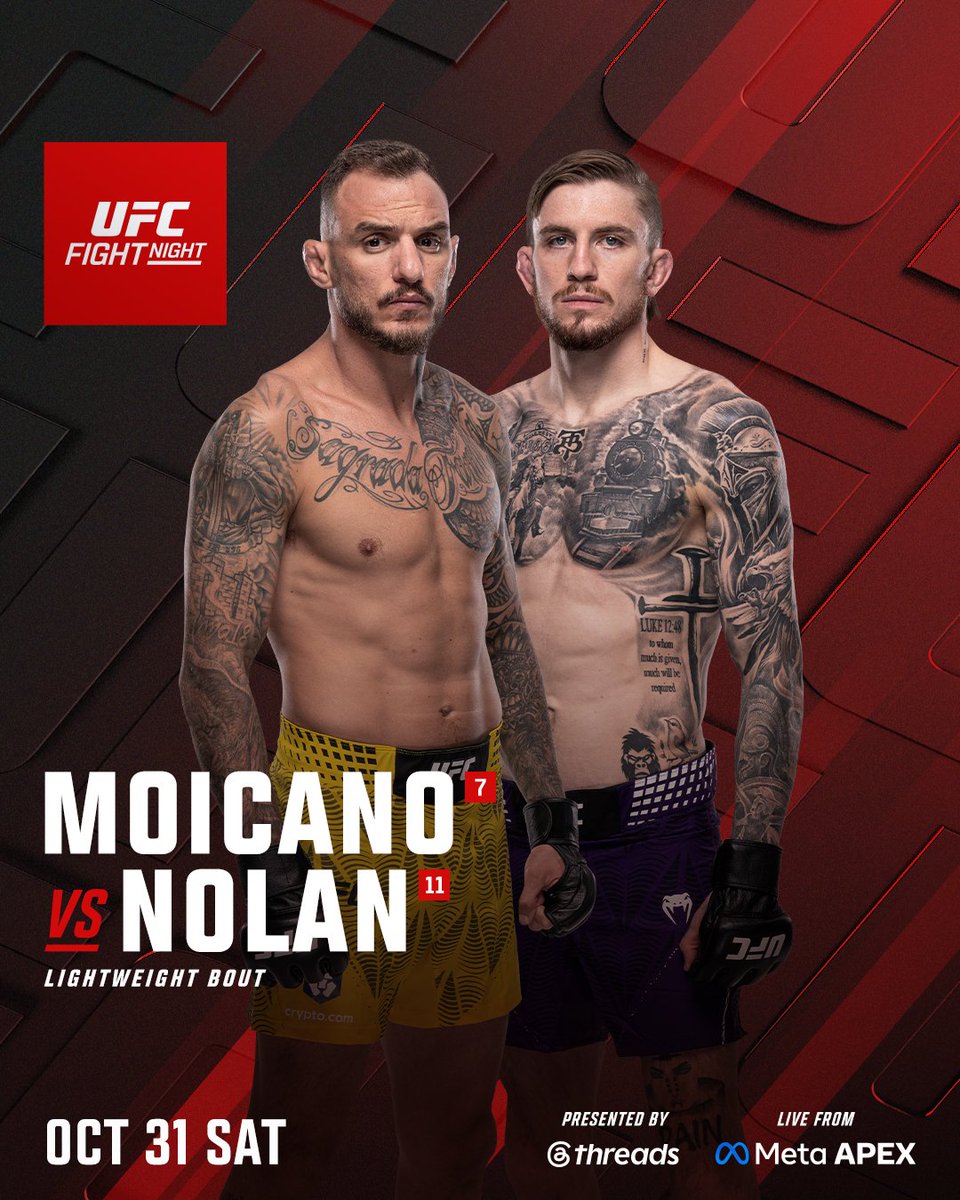 ufc's tweet photo. MONEY 💵 vs BIG TRAIN 🚂

@MoicanoUFC will now face Tom Nolan in the #UFCVegas123 main event!

[ LIVE OCT 31 on @ParamountPlus ] https://t.co/d464PbEcGv
