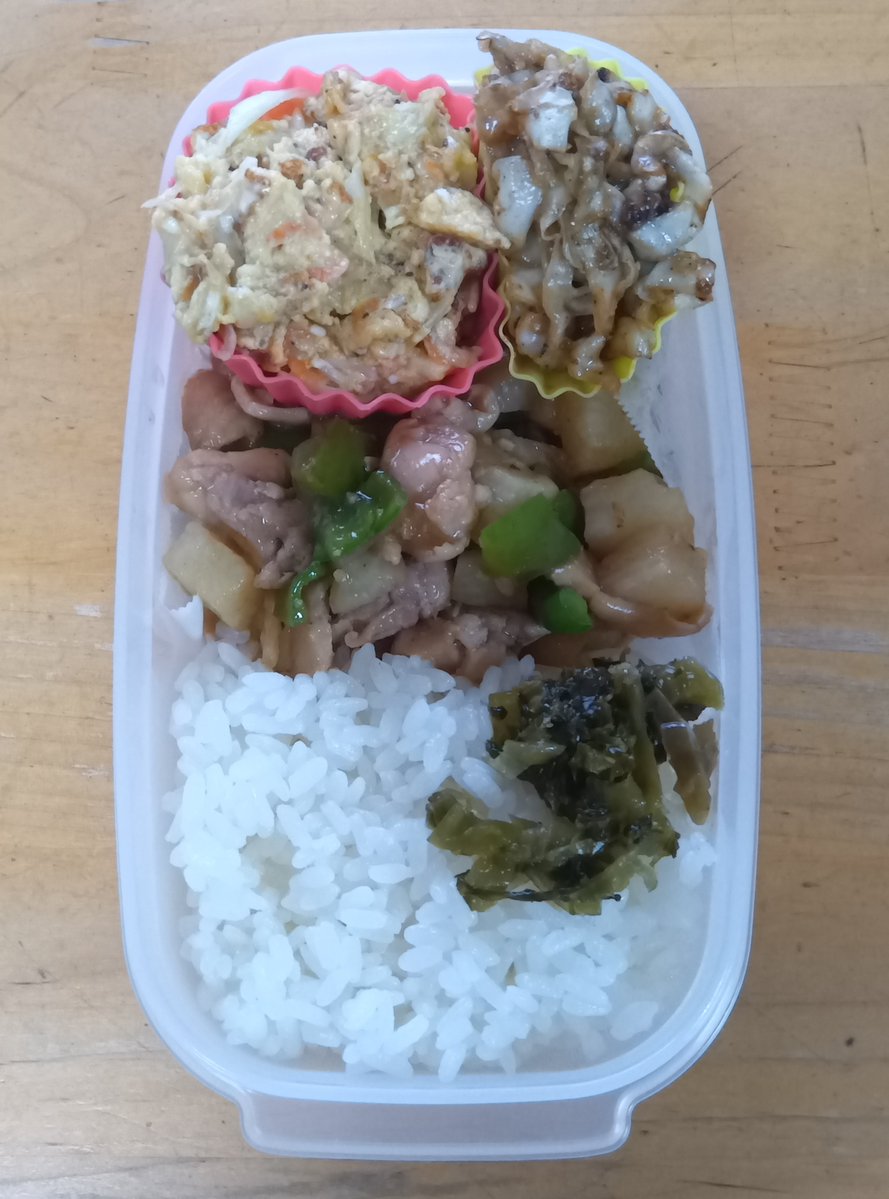 TFA_Kousuke's tweet photo. 今日は石狩鍋記念日
食(9)い(1)ご(5)ろから
妙に食べたくなった
ホクホクと本日の　#お弁当
#鶏と長芋の中華炒め
#キャベツの味噌󠄀炒め
#葱たま
ご飯が進む
鶏肉のたんぱく質(メチオニン)は脂肪肝予防に
鶏肉はパサつきやすいので火加減がミソ https://t.co/K0UI8w9Srb