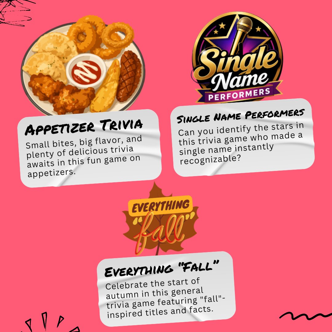 crowdpurr's tweet photo. Feast your eyes on this week's newest trivia! 👀🍽️ We’re falling into autumn, putting your code-breaking skills to work, and serving up even more fresh games. 🍂🔓

Check them out in the #trivia library 👉️ https://t.co/j7Q53AHqwM

#Appetizer #WordPuzzle #MusicTrivia #TriviaGame https://t.co/p46V9yOryS