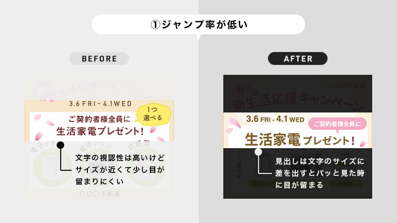 design_hikaru's tweet photo. 【デザインレビュー&ブラッシュアップ】
お題:不動産会社の春の新生活応援キャンペーンバナー
~良い点~
・春らしい配色
・視認性が高い
~調整点~
①ジャンプ率が低い
②メリハリが弱い
③家電のイラストが小さい
#studyplaza https://t.co/ulCPSuXpH2