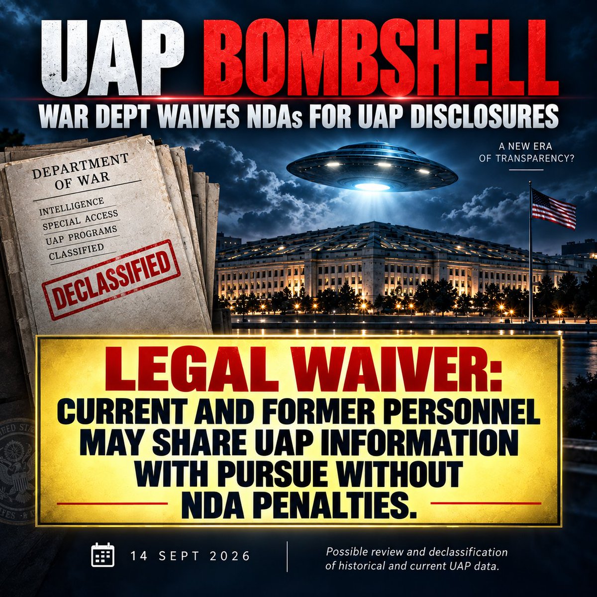 1UP290's tweet photo. Breaking: The U.S. Department of War has issued a legal waiver allowing current and former personnel to share protected UAP information directly with the PURSUE team without triggering standard NDA penalties.
#UAP #UFO #Disclosure #PURSUE #Pentagon #UFODisclosure #Aliens #et https://t.co/lY8lwzUbbu