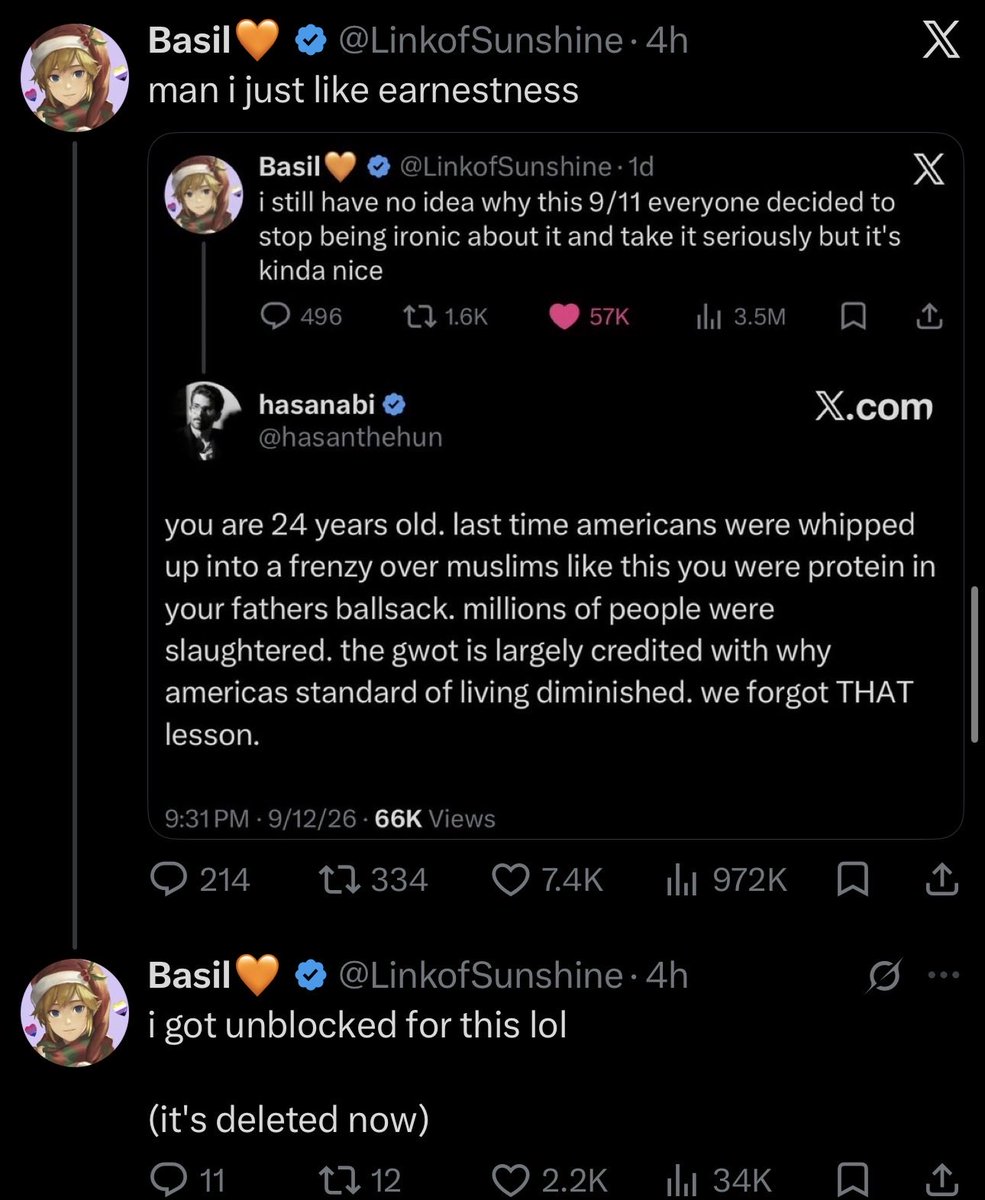 Awk20000's tweet photo. Basil (child of 9/11 survivor) calls out Hasan for his aggressive (and deleted) response to him when he said it’s nice people took 9/11 more seriously this year https://t.co/nPjmckyZt7