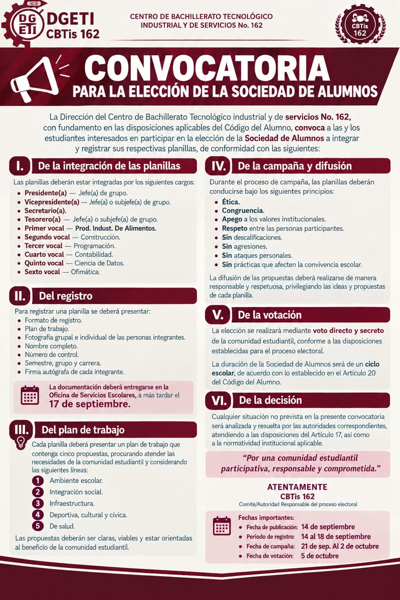 cbtis162's tweet photo. Convocatoria para la Elección de la Sociedad de Alumnos del CBTis 162.

El CBTis 162 invita a las y los estudiantes interesados a participar en el proceso de elección de la Sociedad de Alumnos, registrando su respectiva planilla. https://t.co/TvJF3joMbZ