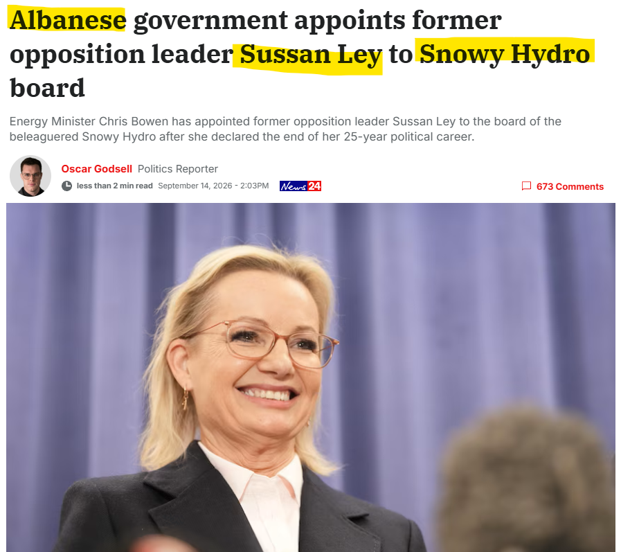 TopherField's tweet photo. 'Jobs for the boys' now includes girls! What PROGRESS!!!

In case you were still under the illusion that Labor and Liberal were actually opposition to each other... 

Sussan Ley absolutely destroyed what was left of the Liberal Party (and I called it BEFORE they even appointed her as leader!) and she's now being rewarded for her 'service' by the @AlboMP Labor government.

Rewarded with a poisoned chalice, sure, but a poisoned chalice that comes with a nice paycheck while it lasts. And of course even once the project is abandoned (as it will eventually be) there will be years of cleanup needed, so between this appointment and other post-politics feather beds, she's set for the rest of her life.

It's one big club, with the APPEARANCE of opposition, but in practice these people have far more in common with each other than they do with the common man.

The only rule in their club is... don't threaten the club. For as long as you're a loyal servant of the club (whichever 'faction' you're in) then the club will look after you.