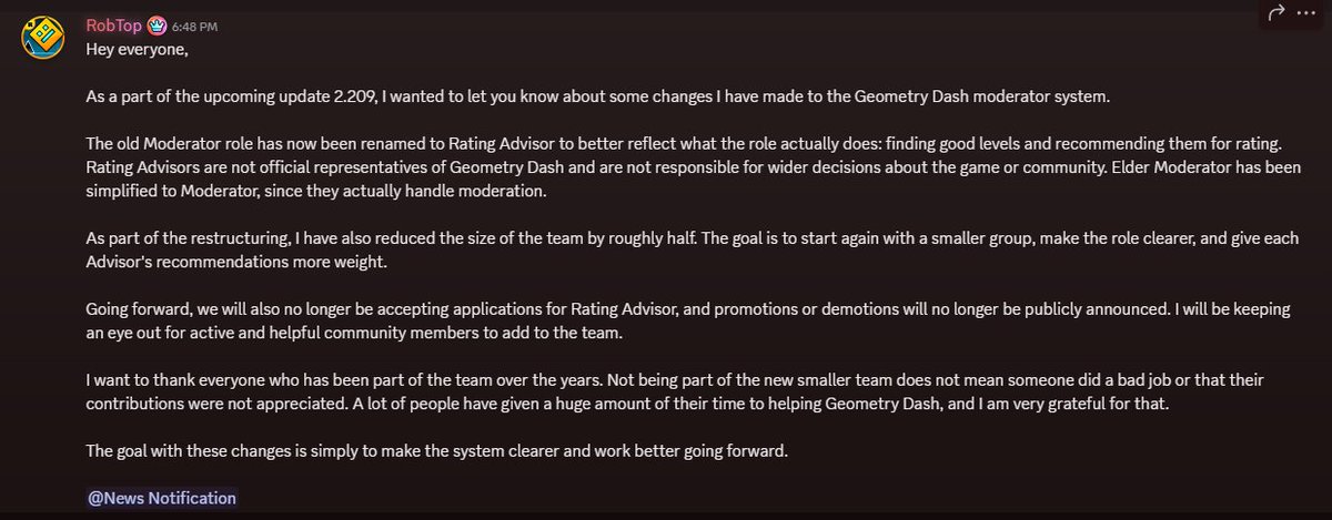 evrglo2's tweet photo. As of September 14th, 2026, RobTop has just killed Geometry Dash. He's cut the mod team in half, making levels even harder to get rated, while also making the ability to get mod pretty much impossible while changing nothing about the current system. It's over. This game is done. https://t.co/mt33WUo0CB